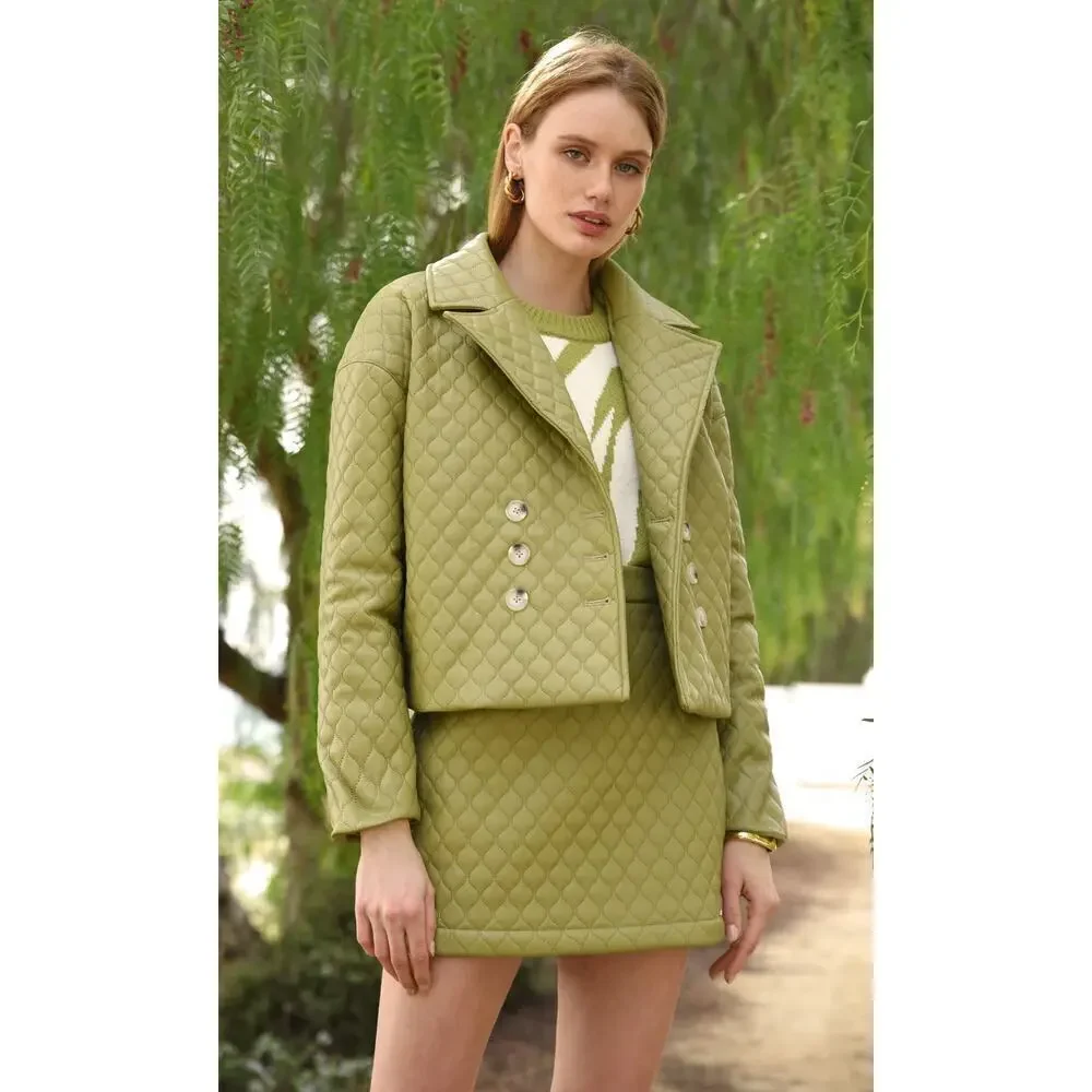 Greylin Sandra Quilted Vegan Leather Jacket & Mini Skirt Algae Green Set M